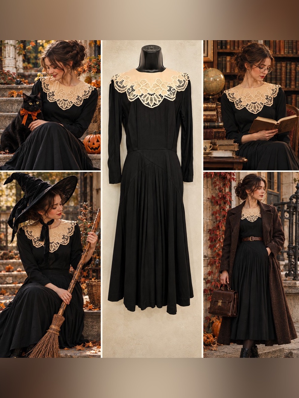 Vintage Handmade Black Cream Openwork Lace Midi Dress S Dark Academia